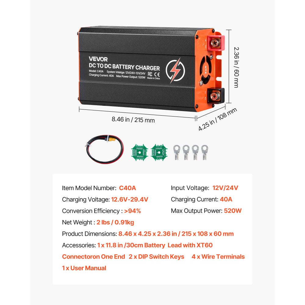 VEVOR DC to DC Battery Charger, 520W, 40A Alternator Charger, Fast DC-DC Charging for Portable Power Stations, Compatible with LiFePO4 Lead-Acid AGM GEL Batteries, 12V/24V-12V/24V, for RV Home Backup