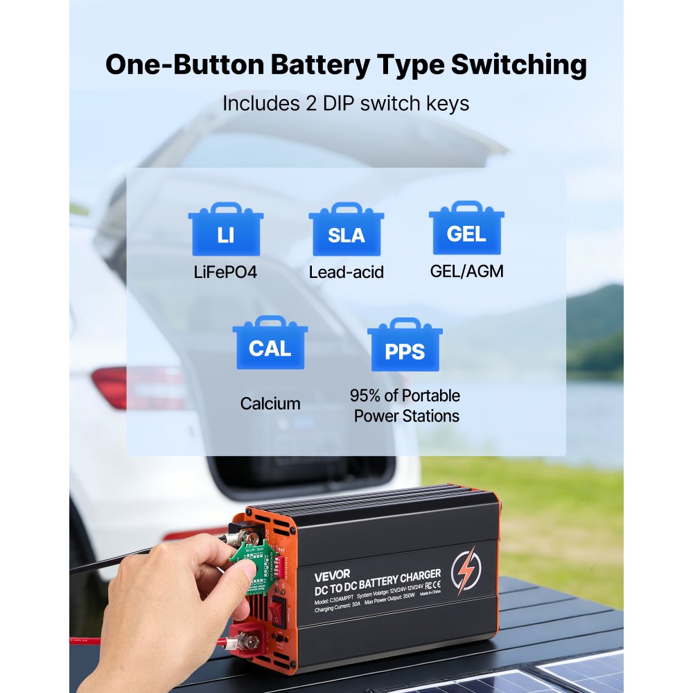 VEVOR DC to DC Charger with MPPT, 350W, 30A On-Board Battery Charger, Solar Panel/Alternator Dual Input, Smart Multi-Stage Charging for LiFePO4 Lead-Acid Batteries, 12V/24V-12V/24V, for RV Home Backup