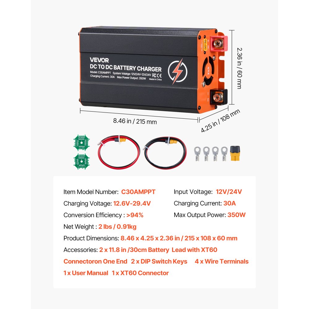 VEVOR DC to DC Charger with MPPT, 350W, 30A On-Board Battery Charger, Solar Panel/Alternator Dual Input, Smart Multi-Stage Charging for LiFePO4 Lead-Acid Batteries, 12V/24V-12V/24V, for RV Home Backup