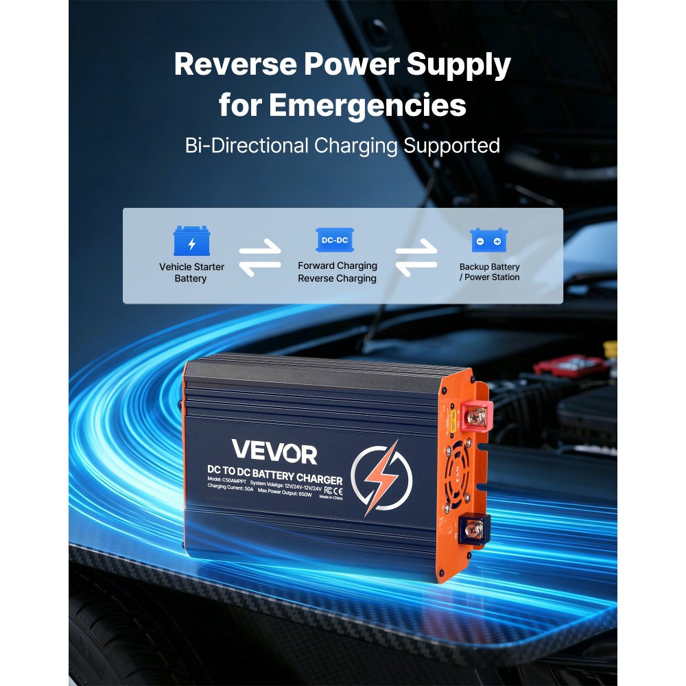 VEVOR DC to DC Charger with MPPT, 650W, 50A On-Board Battery Charger, Solar Panel/Alternator Dual Input, Smart Multi-Stage Charging for LiFePO4 Lead-Acid Batteries, 12V/24V-12V/24V, for RV Home Backup