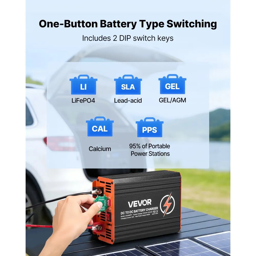 VEVOR DC to DC Charger with MPPT, 650W, 50A On-Board Battery Charger, Solar Panel/Alternator Dual Input, Smart Multi-Stage Charging for LiFePO4 Lead-Acid Batteries, 12V/24V-12V/24V, for RV Home Backup