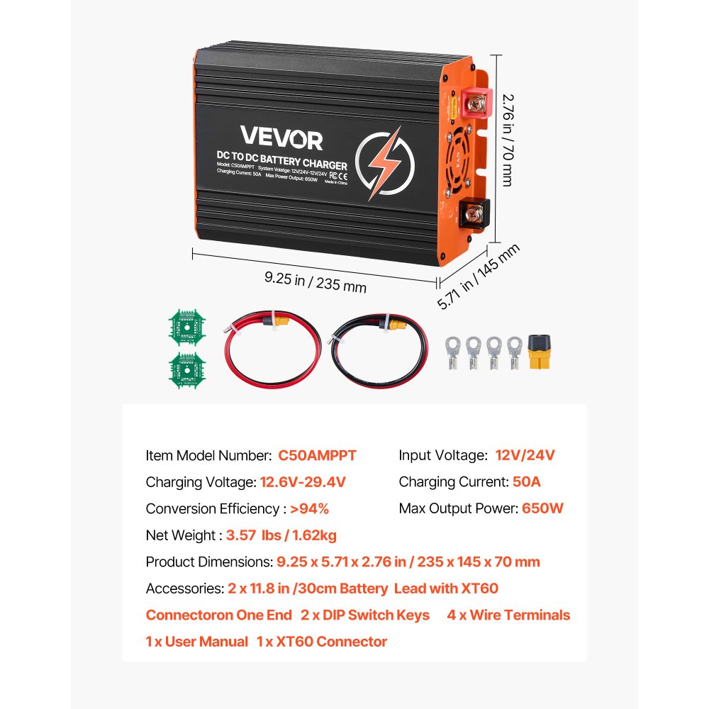 VEVOR DC to DC Charger with MPPT, 650W, 50A On-Board Battery Charger, Solar Panel/Alternator Dual Input, Smart Multi-Stage Charging for LiFePO4 Lead-Acid Batteries, 12V/24V-12V/24V, for RV Home Backup