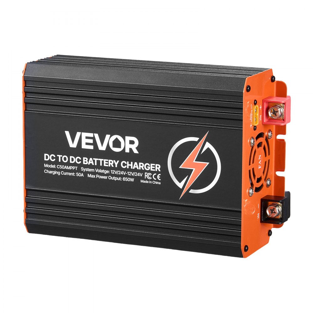 VEVOR DC to DC Charger with MPPT, 650W, 50A On-Board Battery Charger, Solar Panel/Alternator Dual Input, Smart Multi-Stage Charging for LiFePO4 Lead-Acid Batteries, 12V/24V-12V/24V, for RV Home Backup