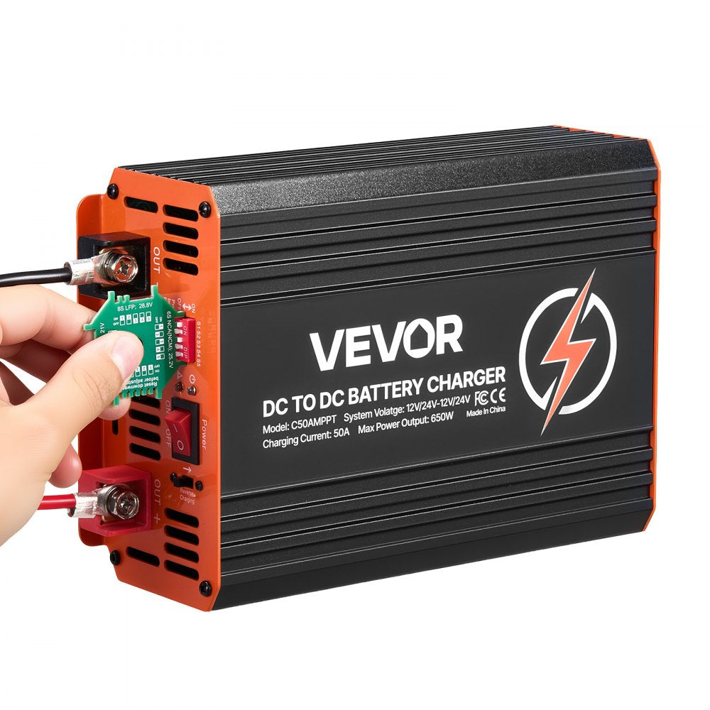 VEVOR DC to DC Charger with MPPT, 650W, 50A On-Board Battery Charger, Solar Panel/Alternator Dual Input, Smart Multi-Stage Charging for LiFePO4 Lead-Acid Batteries, 12V/24V-12V/24V, for RV Home Backup