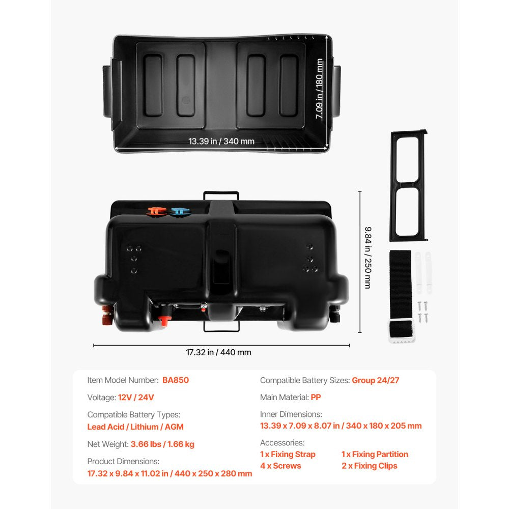 VEVOR Battery Box, Group 24/27 Trolling Motor Battery Box, 12V/24V Marine Batteries Case with PP Shell and Dual Straps, Smart Batteries Case, Suitable for Trolling Motor, Marine,RV & Solar Panel