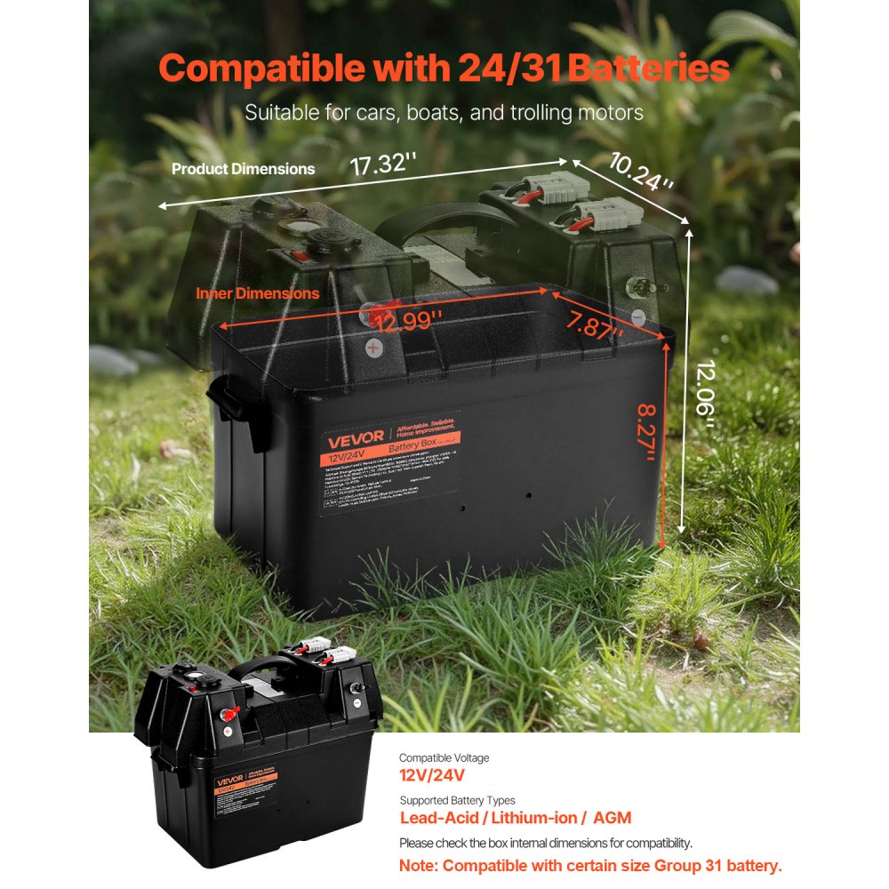 VEVOR Battery Box, Group 24/31 Trolling Motor Battery Box, 12V/24V Marine Batteries Case with PP Shell and Dual Straps, Smart Batteries Case, Suitable for Trolling Motor, Marine,RV & Solar Panel