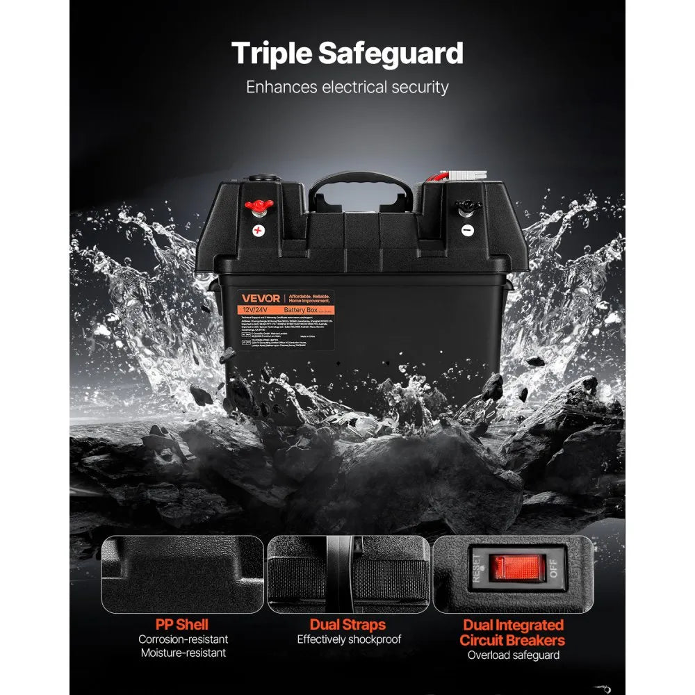 VEVOR Battery Box, Group 24/31 Trolling Motor Battery Box, 12V/24V Marine Batteries Case with PP Shell and Dual Straps, Smart Batteries Case, Suitable for Trolling Motor, Marine,RV & Solar Panel