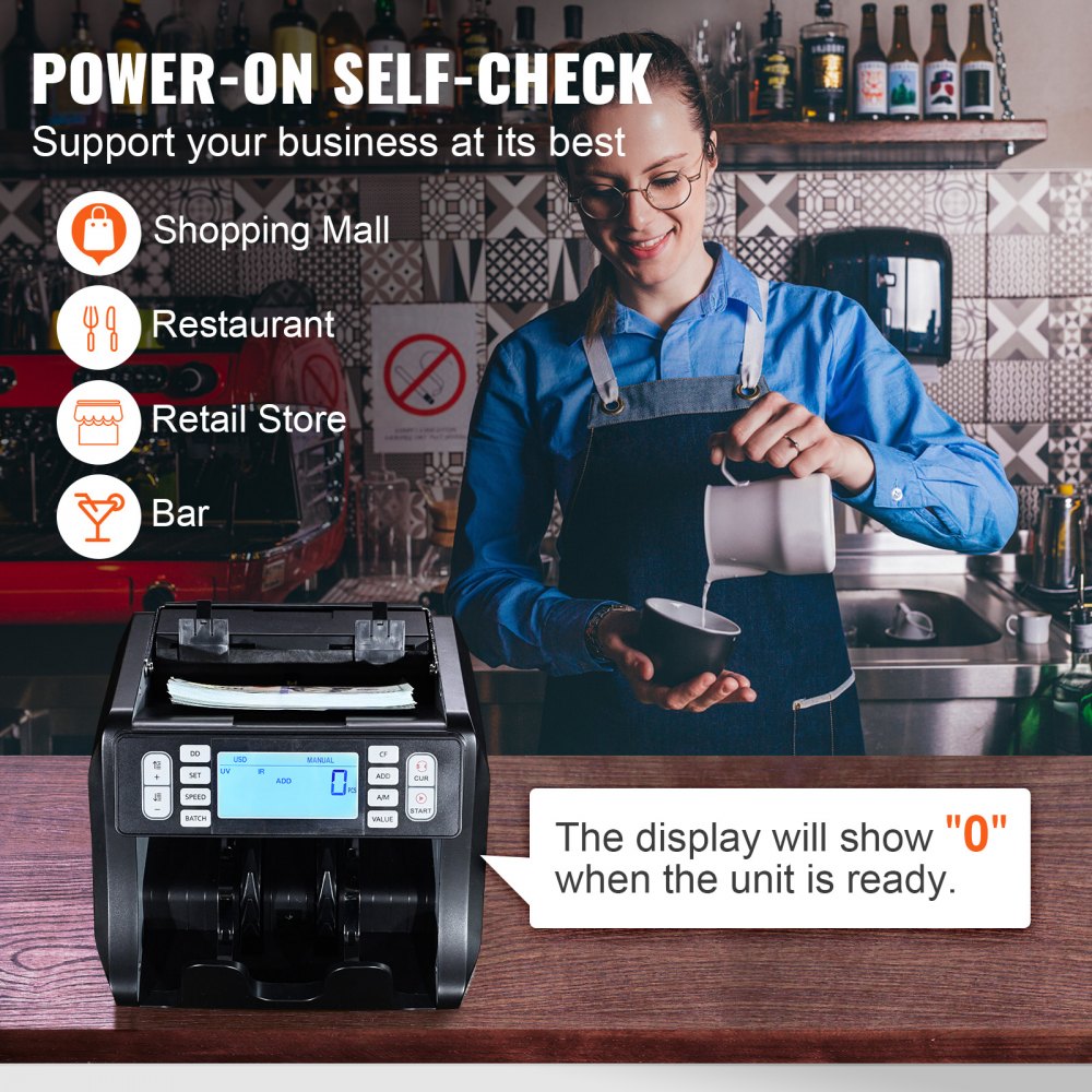 VEVOR Money Counter Machine, Bill Counter with UV, MG, IR and DD Counterfeit Detection, USD & EUR Cash Counting Machine with Add and Batch Modes, Large LCD & External Display
