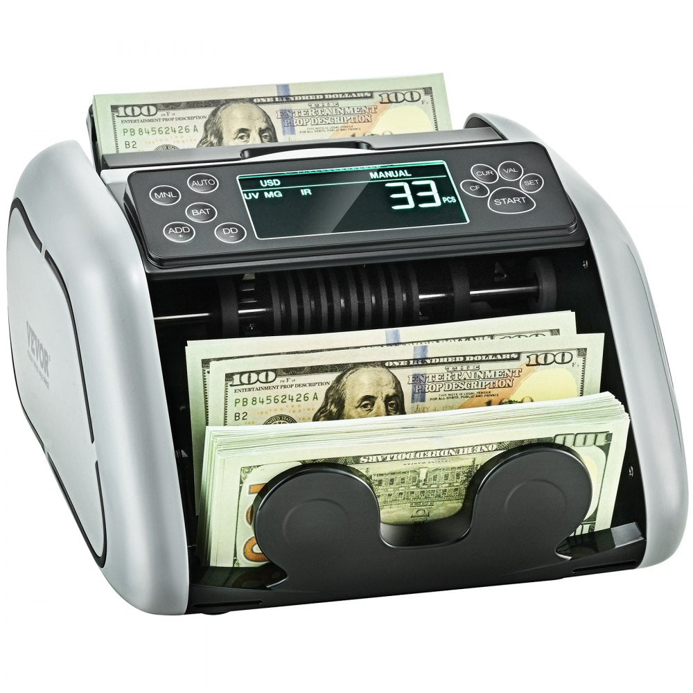 VEVOR Money Counter Machine, Bill Counter with UV, MG, IR and DD Counterfeit Detection, USD & EUR Cash Counting Machine with Large LCD & External Display for Small Business