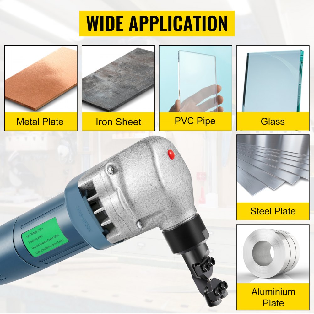 VEVOR Electric Sheet Metal Cutter, 380W Power, 1800RPM Rotor Speed, 0.07in/1.8mm Cutting Capacity, Includes Replacement Blades and Storage Case, Ideal for Stainless Steel, Aluminium, Plastic