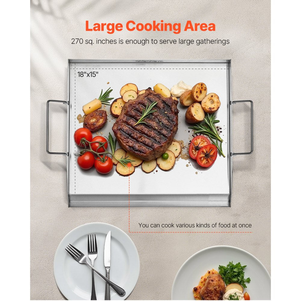 VEVOR Stainless Steel Griddle, 18x16 inch Universal Flat Top Rectangular Plate, Gas Grill Griddle for BBQ Grill, Teppanyaki, Portable Family Cookware with Handle, for Camping Tailgating Party