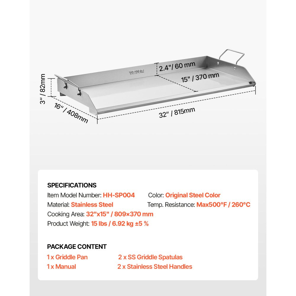 VEVOR Stainless Steel Griddle, 32x16 inch Universal Flat Top Rectangular Plate, Gas Grill Griddle for BBQ Grill, Teppanyaki, Portable Family Cookware with Handle, for Camping Tailgating Party
