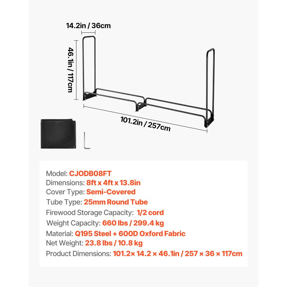 VEVOR Firewood Rack with Waterproof Cover, 101 x 14 x 46 in Outdoor Firewood Holder, 660lb Weight Capacity, 1/2 Cord Log Holder, Half-Covered, Powder-coated Wood Storage Rack for Fireplace Deck