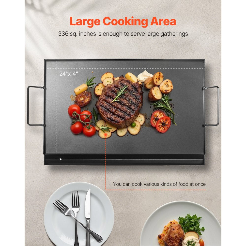 VEVOR Carbon Steel Griddle, 24x16 inch Universal Flat Top Rectangular Plate, Gas Grill Griddle for BBQ Grill, Teppanyaki, Portable Family Cookware with Handle, for Camping Tailgating Party