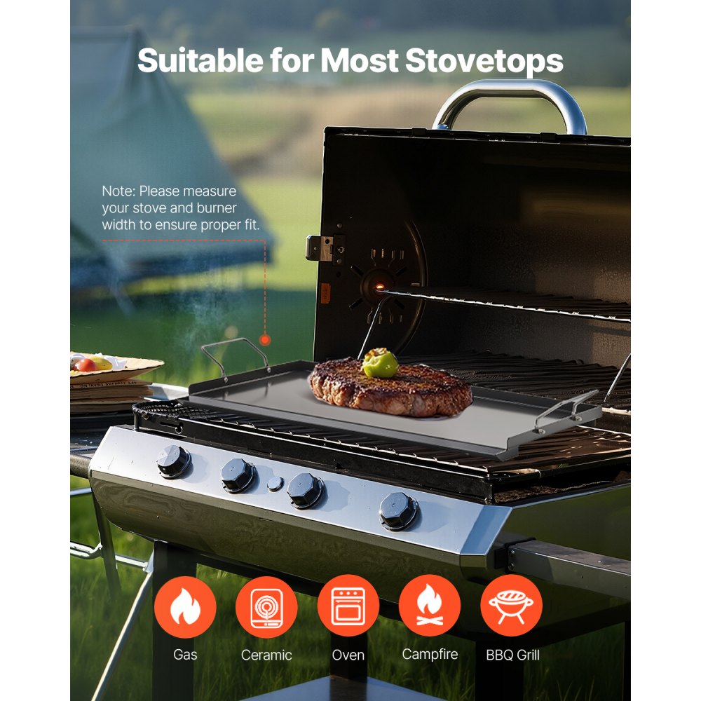 VEVOR Carbon Steel Griddle, 24x16 inch Universal Flat Top Rectangular Plate, Gas Grill Griddle for BBQ Grill, Teppanyaki, Portable Family Cookware with Handle, for Camping Tailgating Party