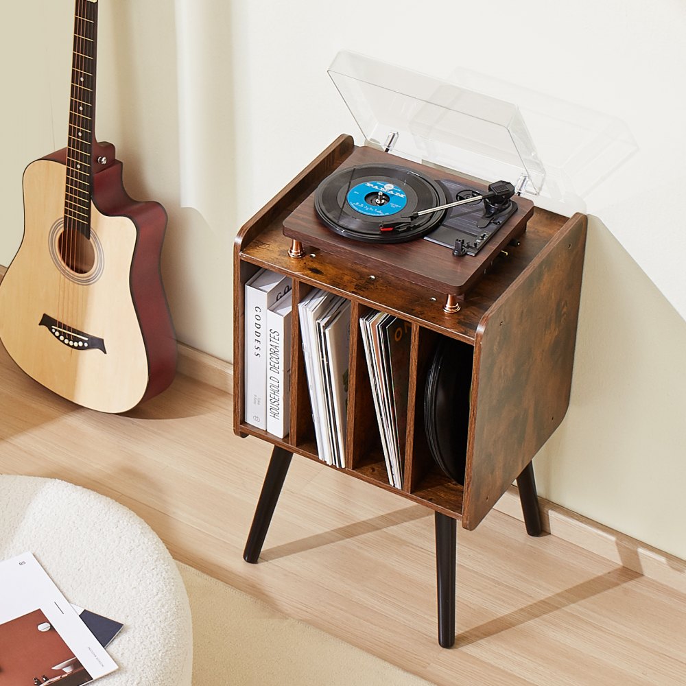 VEVOR Record Player Stand, 2 Tiers Turntable Stand with 4 Cabinets, Holds up to 100 Albums, Wooden Vinyl Record Storage Cabinet with Display Shelf for Bedroom, Living Room, Brown