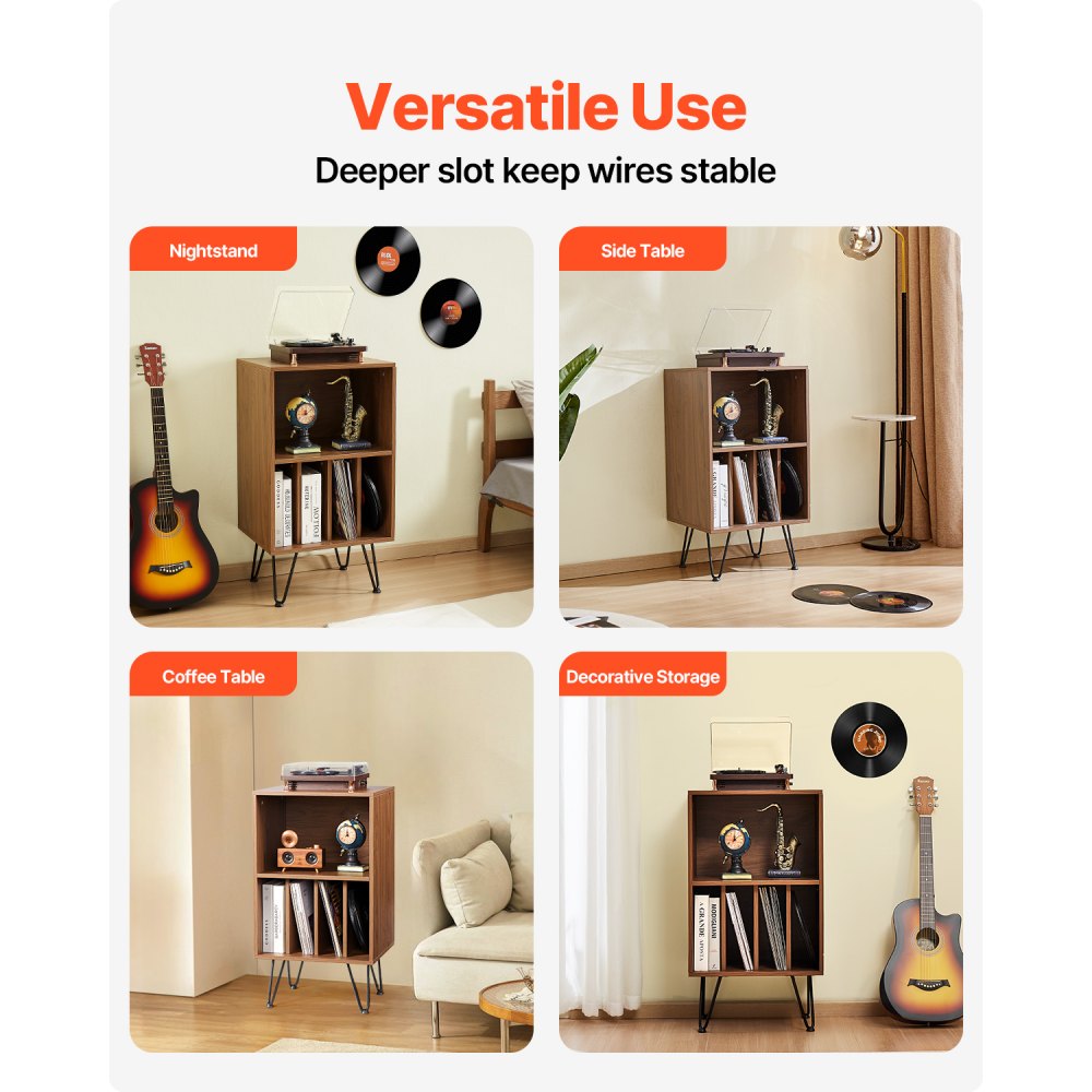 VEVOR Record Player Stand, 3 Tiers Turntable Stand with Record Storage, Vinyl Record Storage Cabinet with Metal Legs for Bedroom, Living Room, Brown