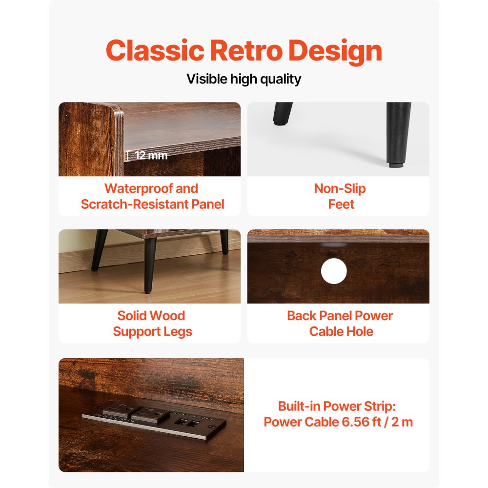 VEVOR Record Player Stand with LED Light, 3 Tiers Turntable Stand with Charging Station & USB Ports, Holds up to 150 Albums, Vinyl Record Storage Cabinet with Display Shelf for Bedroom, Living Room