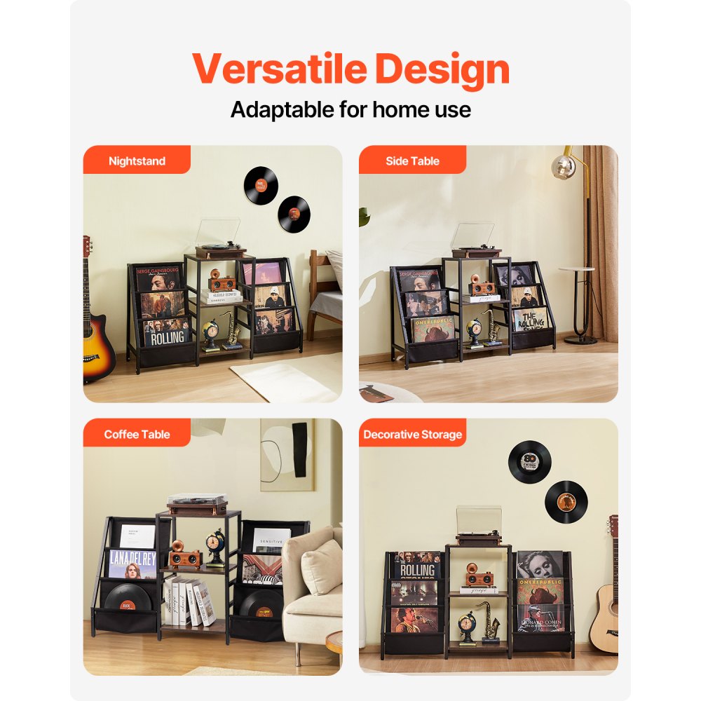VEVOR Record Player Stand, 3 Tiers Metal Vinyl Record Stand, Turntable Stand with Record Holder Vinyl Display Shelf, Wooden Record Holder Ideal for Bedroom, Living Room, Black