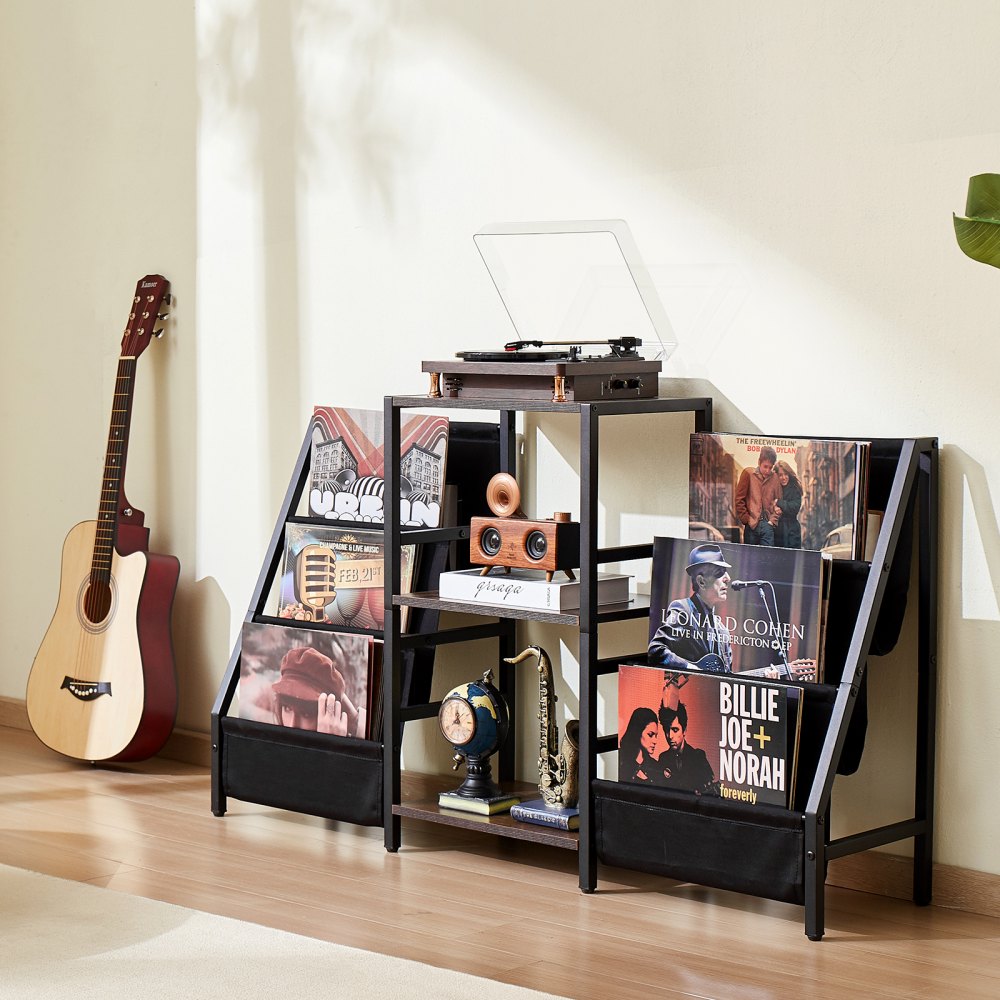 VEVOR Record Player Stand, 3 Tiers Metal Vinyl Record Stand, Turntable Stand with Record Holder Vinyl Display Shelf, Wooden Record Holder Ideal for Bedroom, Living Room, Black