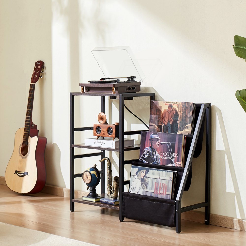VEVOR Record Player Stand with Charging Station & USB Ports, Holds up to 200 Albums, 3-Tier Turntable Stand with Vinyl Record Storage, Record Player Table with Display Shelf for Bedroom, Living Room