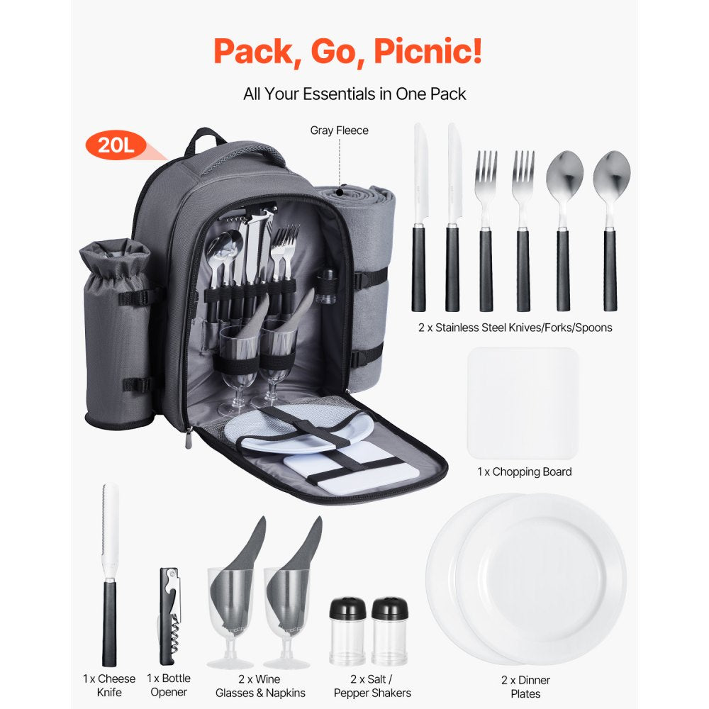 VEVOR Picnic Backpack, Beach Picnic Backpack Bag for 2 Person with Insulated Cooler Compartment, Detachable Bottle/Wine Holder, Lightweight Blanket, Plates and Cutlery Set for Hiking, Camping, Grey