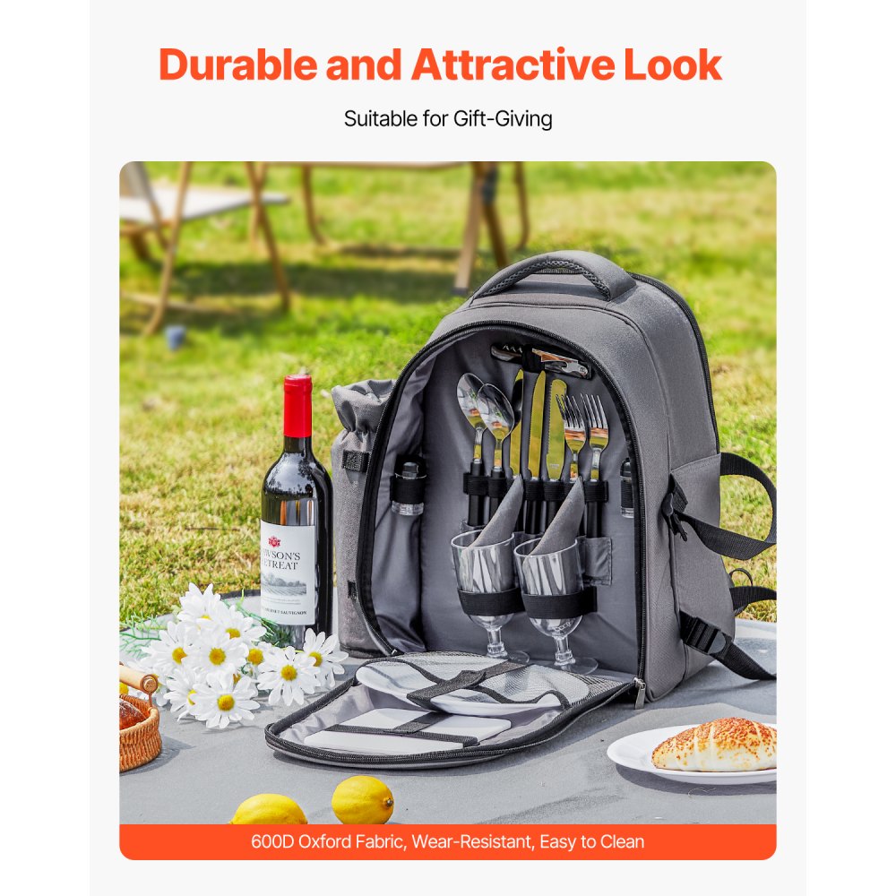 VEVOR Picnic Backpack, Beach Picnic Backpack Bag for 2 Person with Insulated Cooler Compartment, Detachable Bottle/Wine Holder, Lightweight Blanket, Plates and Cutlery Set for Hiking, Camping, Grey