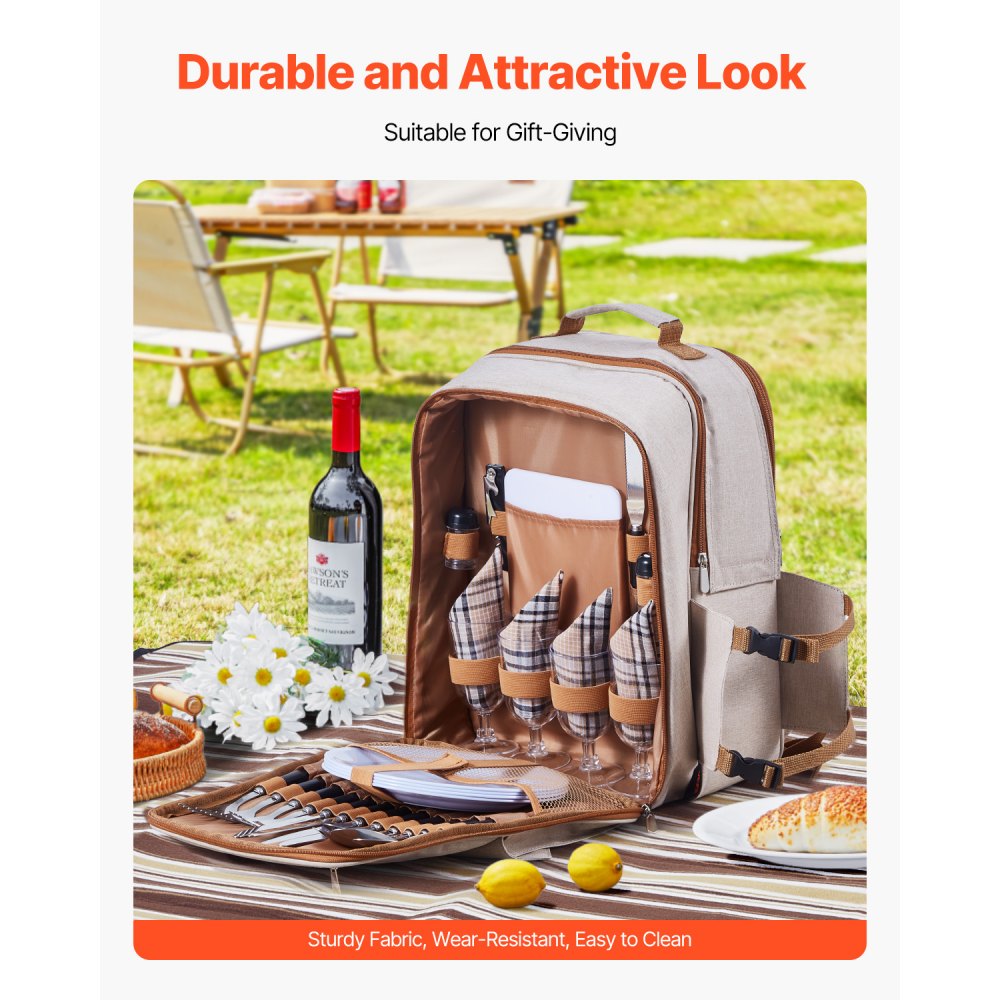 VEVOR Picnic Backpack, Beach Picnic Backpack Bag for 4 Person with Insulated Cooler Compartment, Detachable Bottle/Wine Holder, Lightweight Blanket, Plates & Cutlery Set for Outdoor, Hiking, Camping