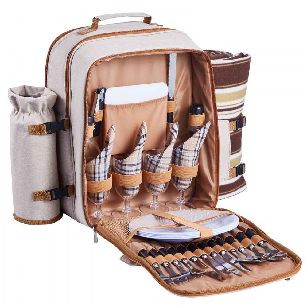 VEVOR Picnic Backpack, Beach Picnic Backpack Bag for 4 Person with Insulated Cooler Compartment, Detachable Bottle/Wine Holder, Lightweight Blanket, Plates & Cutlery Set for Outdoor, Hiking, Camping