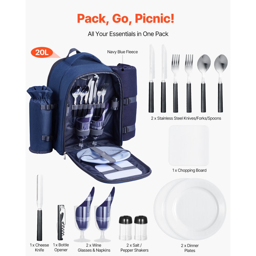 VEVOR Picnic Backpack, Beach Picnic Backpack Bag for 2 Person with Insulated Cooler Compartment, Detachable Bottle/Wine Holder, Lightweight Blanket, Plates & Cutlery Set for Hiking, Camping, Navy Blue