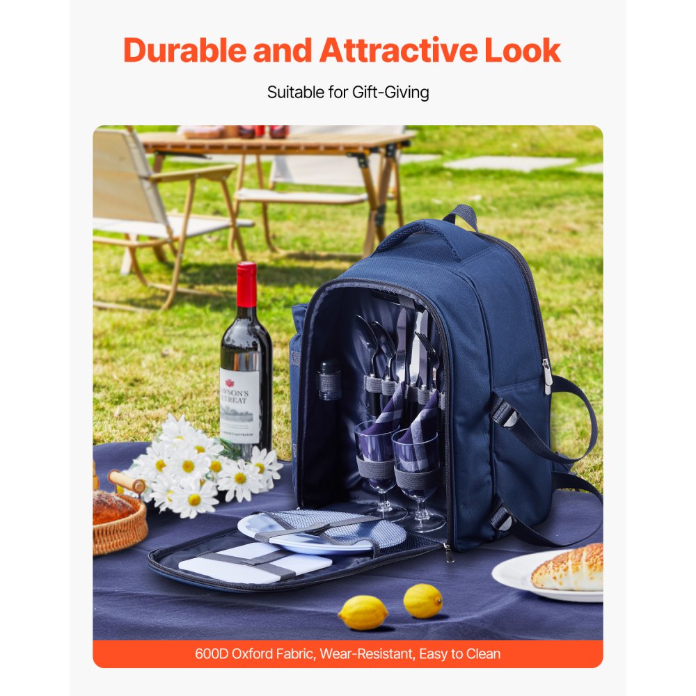 VEVOR Picnic Backpack, Beach Picnic Backpack Bag for 2 Person with Insulated Cooler Compartment, Detachable Bottle/Wine Holder, Lightweight Blanket, Plates & Cutlery Set for Hiking, Camping, Navy Blue