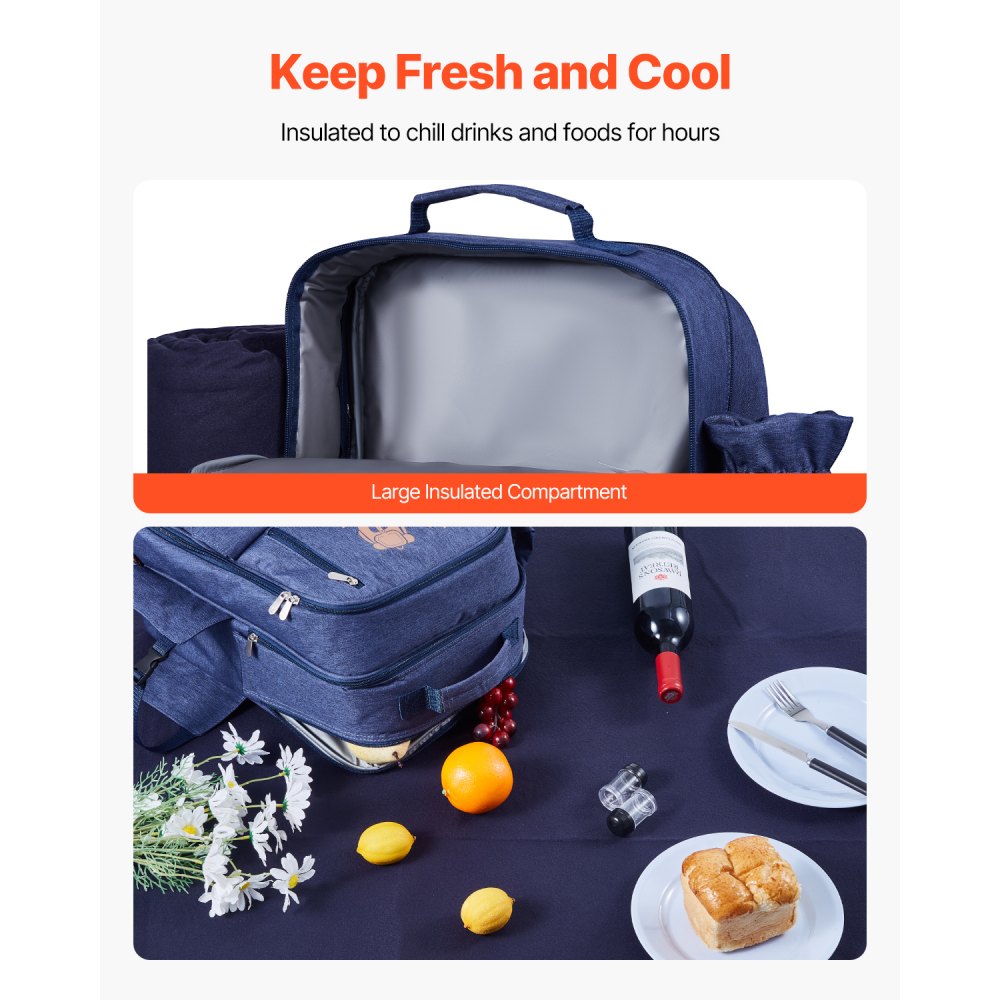 VEVOR Picnic Backpack, Beach Picnic Backpack Bag for 4 Person with Insulated Cooler Compartment, Detachable Bottle/Wine Holder, Lightweight Blanket, Plates and Cutlery Set for Outdoor, Navy Blue