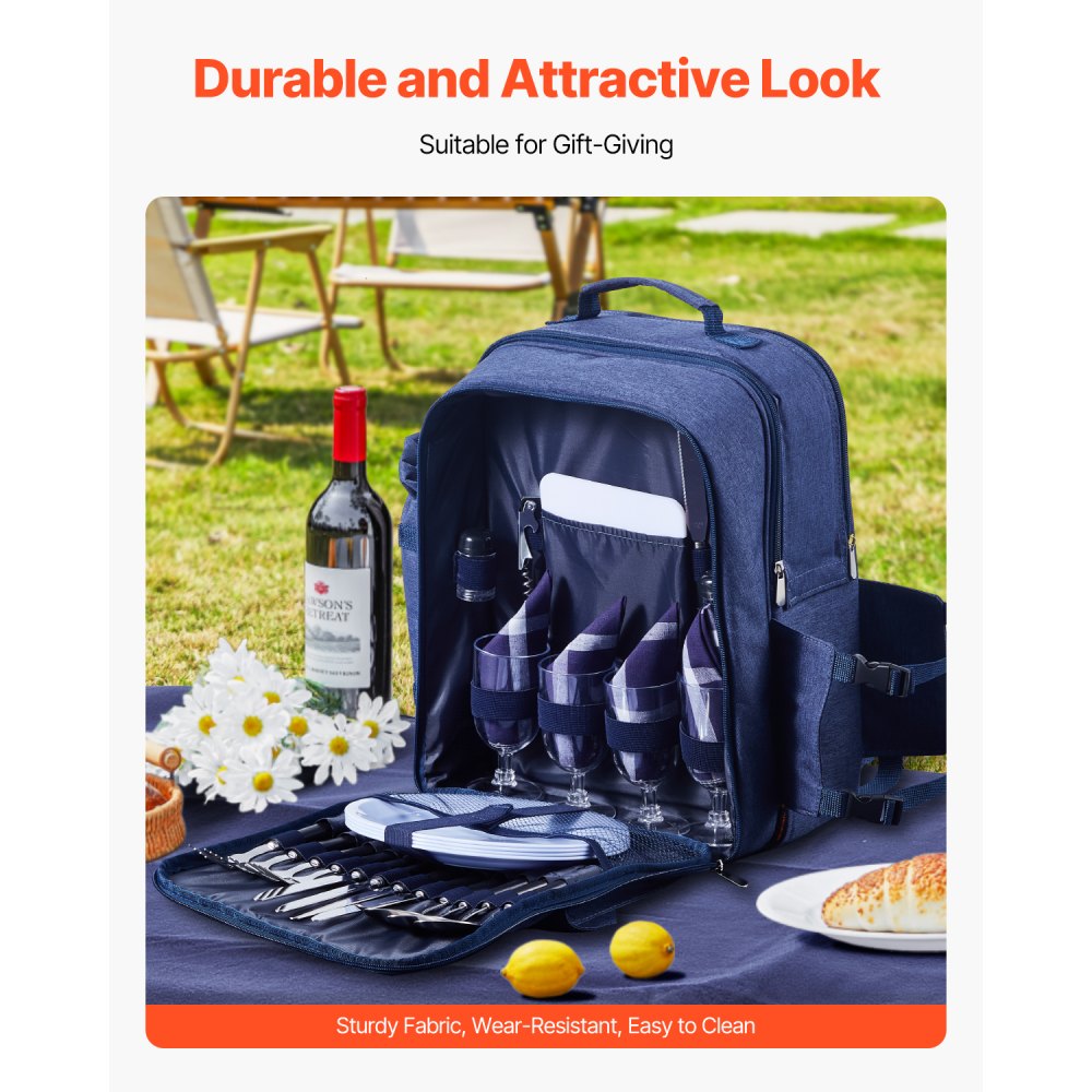 VEVOR Picnic Backpack, Beach Picnic Backpack Bag for 4 Person with Insulated Cooler Compartment, Detachable Bottle/Wine Holder, Lightweight Blanket, Plates and Cutlery Set for Outdoor, Navy Blue