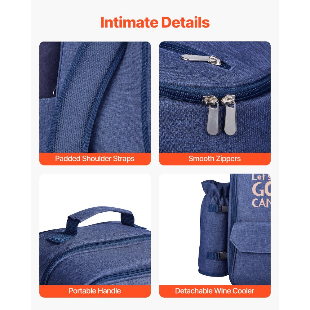VEVOR Picnic Backpack, Beach Picnic Backpack Bag for 4 Person with Insulated Cooler Compartment, Detachable Bottle/Wine Holder, Lightweight Blanket, Plates and Cutlery Set for Outdoor, Navy Blue