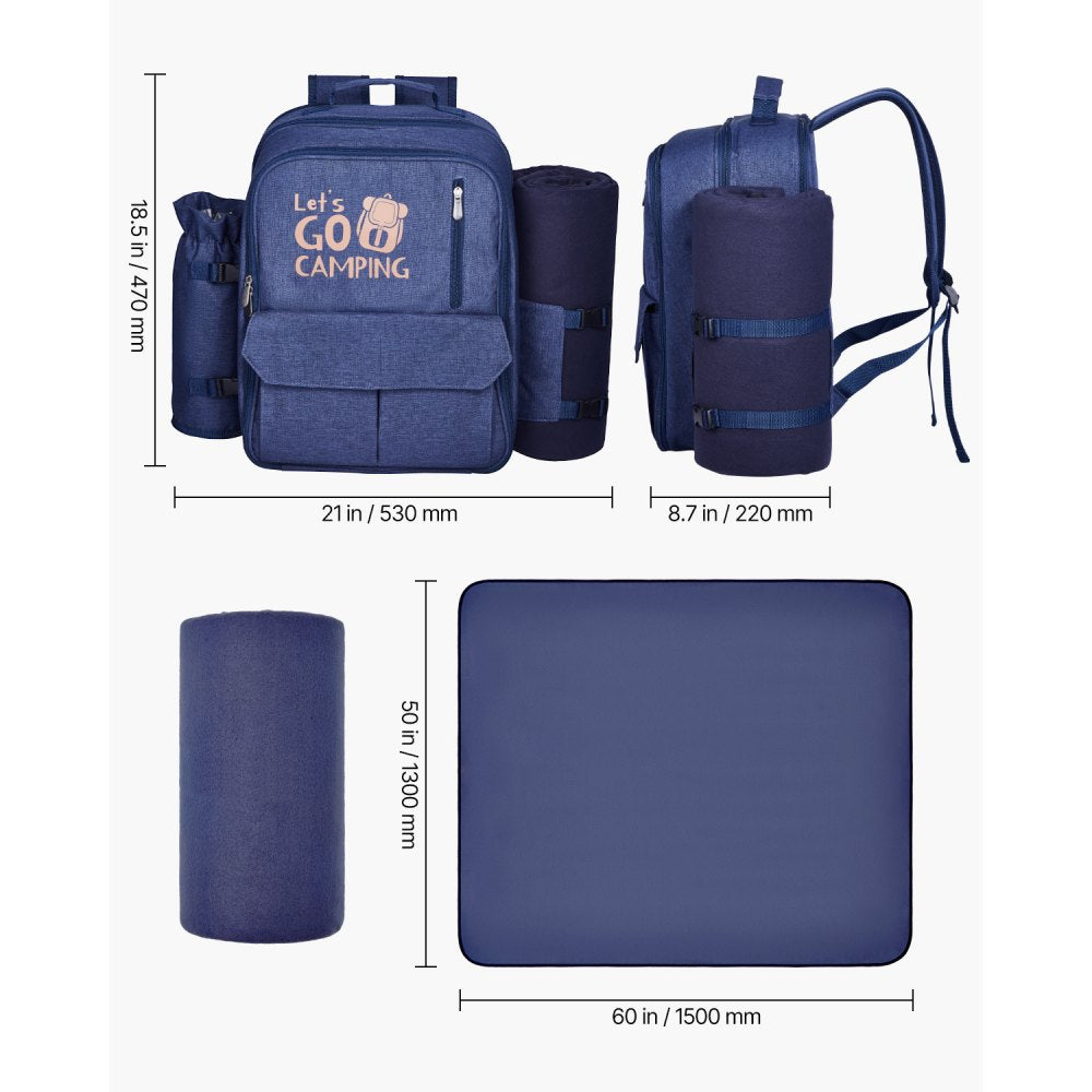VEVOR Picnic Backpack, Beach Picnic Backpack Bag for 4 Person with Insulated Cooler Compartment, Detachable Bottle/Wine Holder, Lightweight Blanket, Plates and Cutlery Set for Outdoor, Navy Blue