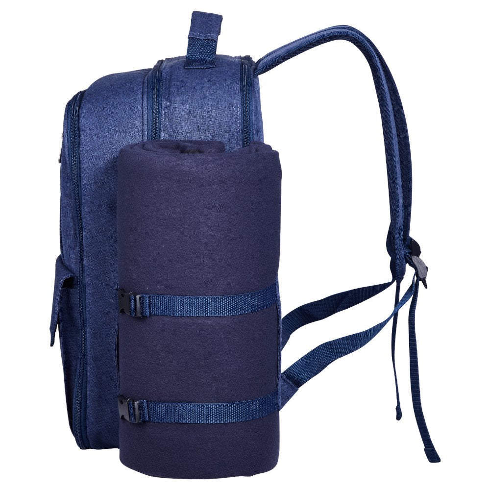 VEVOR Picnic Backpack, Beach Picnic Backpack Bag for 4 Person with Insulated Cooler Compartment, Detachable Bottle/Wine Holder, Lightweight Blanket, Plates and Cutlery Set for Outdoor, Navy Blue