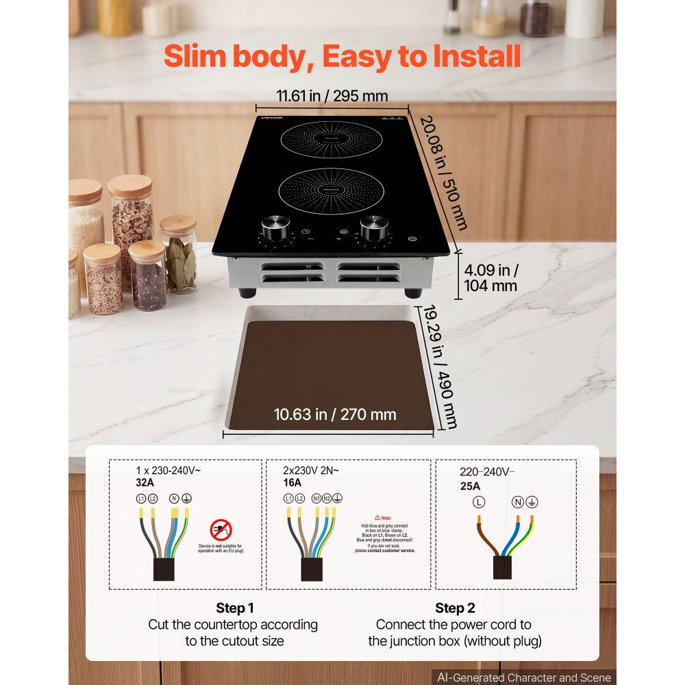 VEVOR Induction Cooktop 12in 2 Burners Built-in Electric Stove 220V 3500W, Low-Power Continuous Heating, Induction Burner for Kitchen, 11 Power Levels, Knob Control, Ceramic Glass, and Child Lock