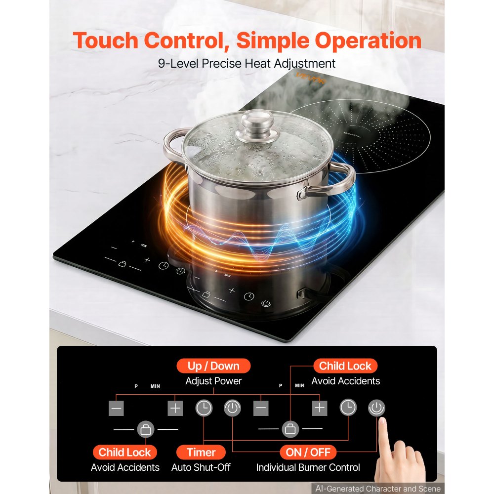 VEVOR Induction Cooktop 12in 2 Burners Built-in Electric Stove 110V 1800W, Low-Power Continuous Heating, Countertop Induction Burner, 9 Power Levels, LED Touch Screen, Ceramic Glass, and Child Lock
