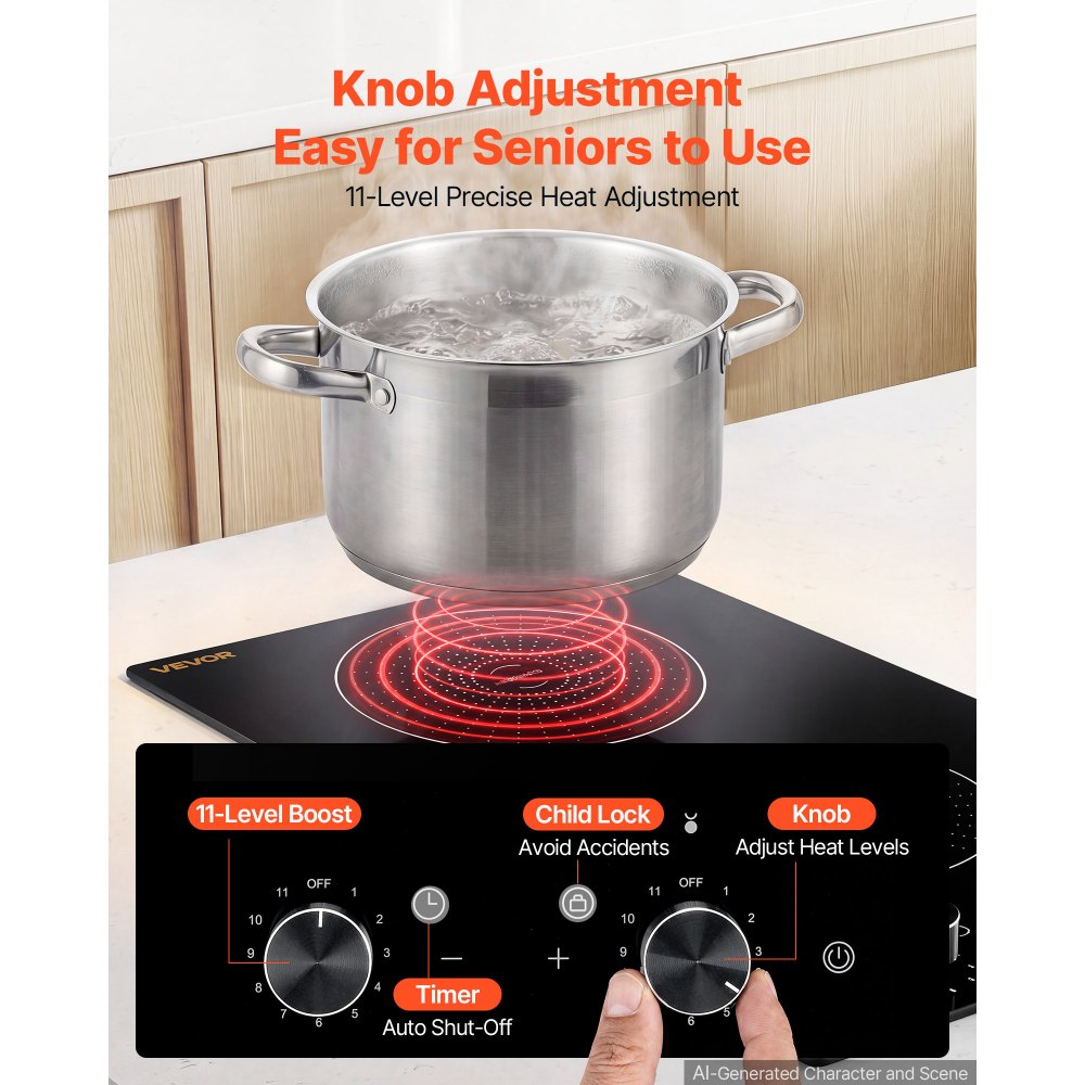 VEVOR Induction Cooktop 12in 2 Burners Built-in Electric Stove 110V 1800W, Low-Power Continuous Heating, Countertop Induction Burner, 11 Power Levels, Knob Control, Ceramic Glass, and Child Lock