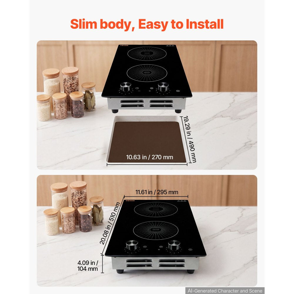 VEVOR Induction Cooktop 12in 2 Burners Built-in Electric Stove 110V 1800W, Low-Power Continuous Heating, Countertop Induction Burner, 11 Power Levels, Knob Control, Ceramic Glass, and Child Lock
