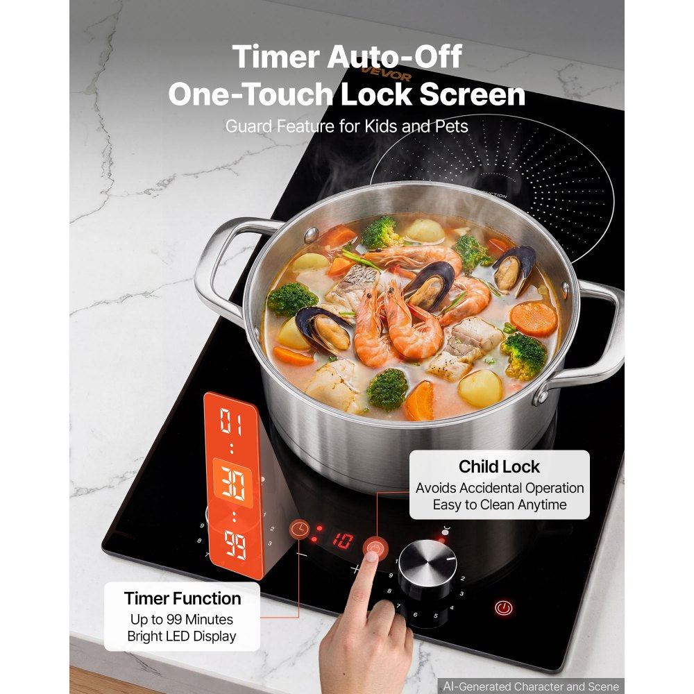 VEVOR Induction Cooktop 12in 2 Burners Built-in Electric Stove 110V 1800W, Low-Power Continuous Heating, Countertop Induction Burner, 11 Power Levels, Knob Control, Ceramic Glass, and Child Lock