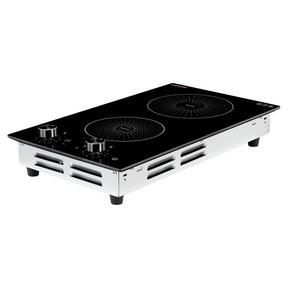 VEVOR Induction Cooktop 12in 2 Burners Built-in Electric Stove 110V 1800W, Low-Power Continuous Heating, Countertop Induction Burner, 11 Power Levels, Knob Control, Ceramic Glass, and Child Lock