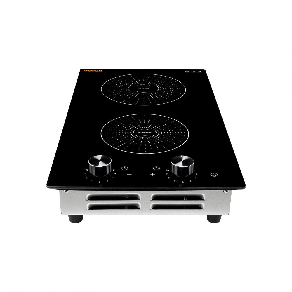 VEVOR Induction Cooktop 12in 2 Burners Built-in Electric Stove 110V 1800W, Low-Power Continuous Heating, Countertop Induction Burner, 11 Power Levels, Knob Control, Ceramic Glass, and Child Lock