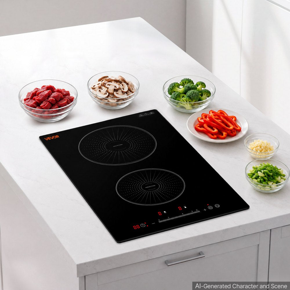 VEVOR Induction Cooktop 12in 2 Burners Built-in Electric Stove 220V 3500W, Low-Power Continuous Heating, Induction Burner for Kitchen, 9 Power Levels, LED Touch Screen, Ceramic Glass, and Child Lock