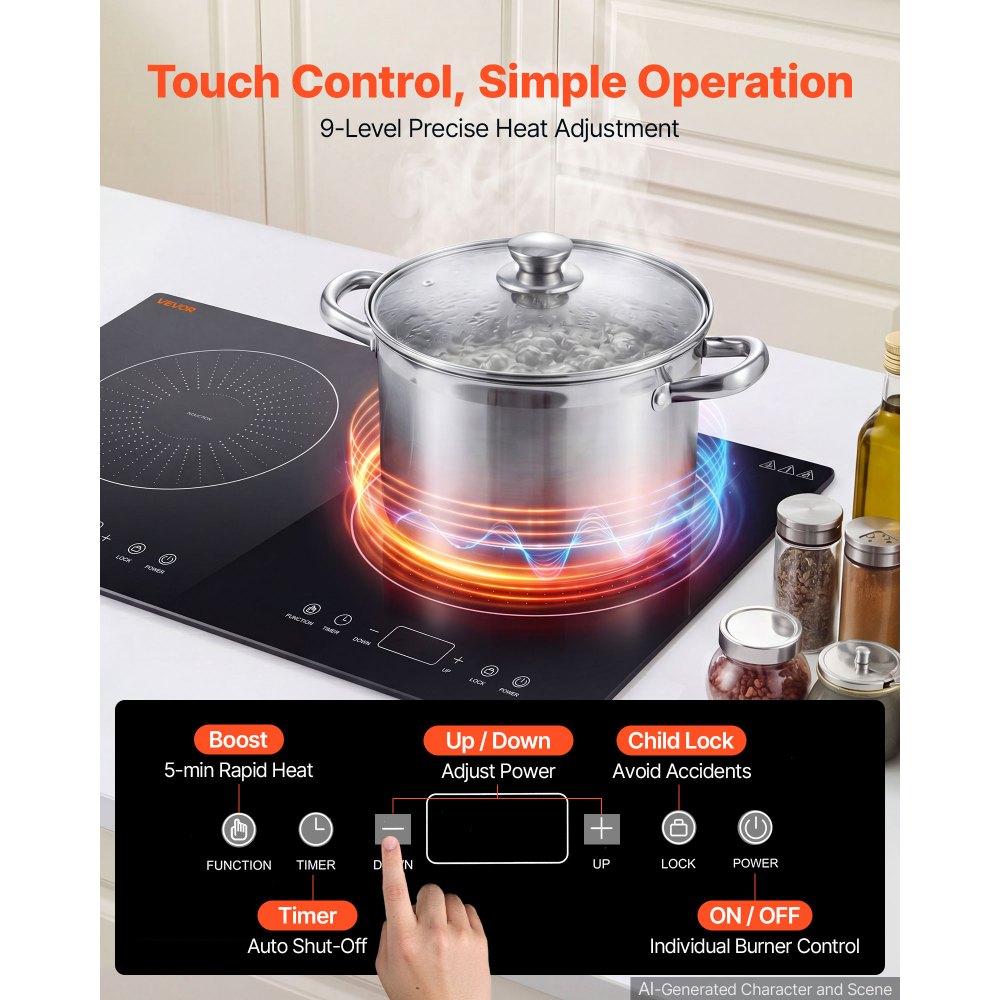 VEVOR Induction Cooktop 24in 2 Burners Built-in Electric Stove 110V 1800W, Low-Power Continuous Heating, Countertop Induction Burner, 9 Power Levels, LED Touch Screen, Ceramic Glass, and Child Lock