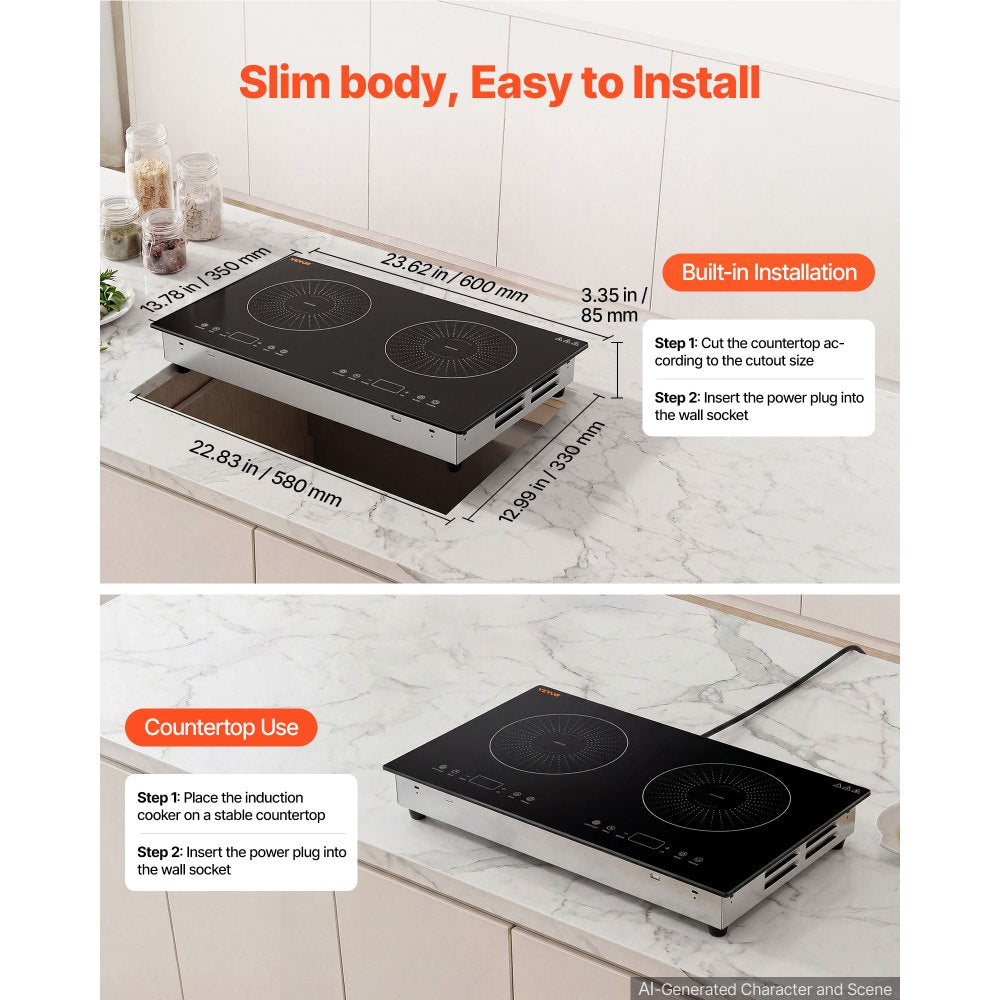 VEVOR Induction Cooktop 24in 2 Burners Built-in Electric Stove 110V 1800W, Low-Power Continuous Heating, Countertop Induction Burner, 9 Power Levels, LED Touch Screen, Ceramic Glass, and Child Lock