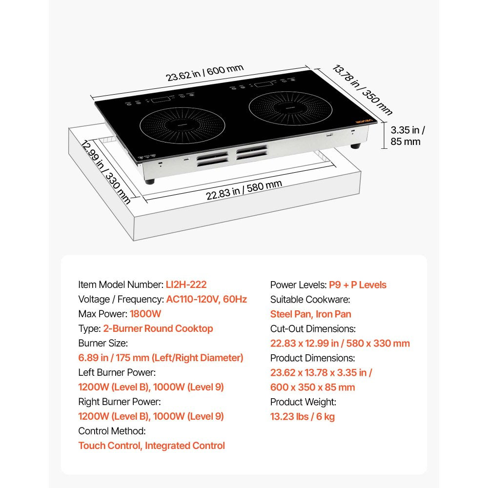 VEVOR Induction Cooktop 24in 2 Burners Built-in Electric Stove 110V 1800W, Low-Power Continuous Heating, Countertop Induction Burner, 9 Power Levels, LED Touch Screen, Ceramic Glass, and Child Lock
