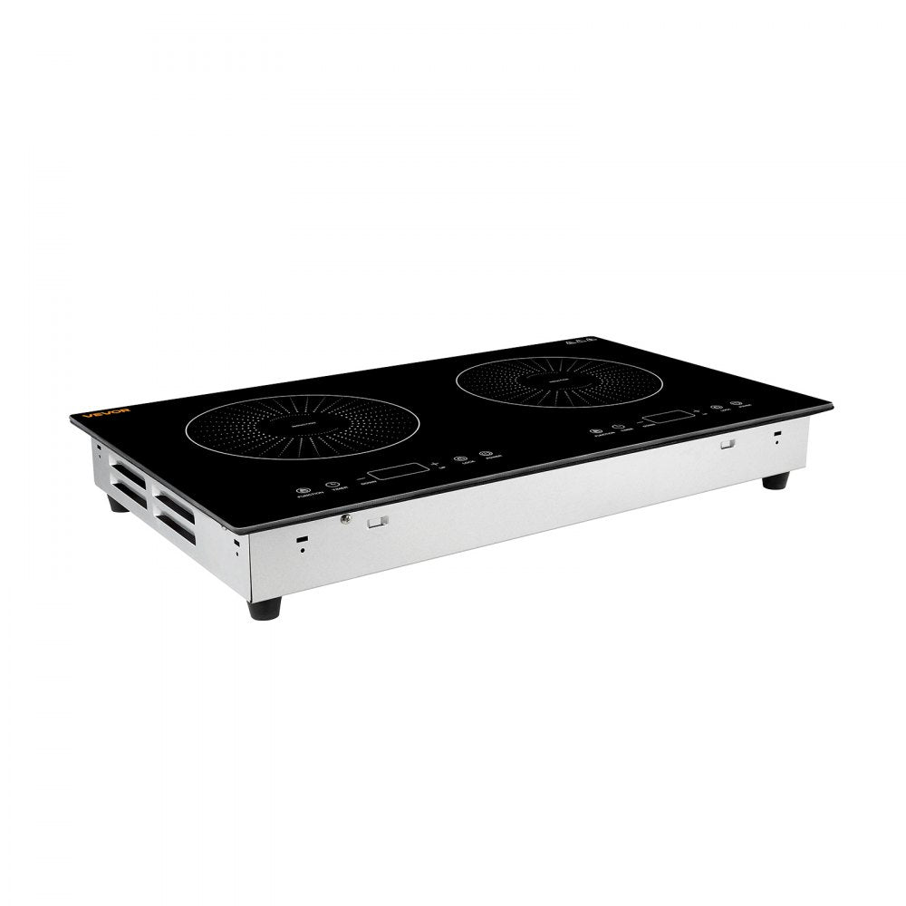 VEVOR Induction Cooktop 24in 2 Burners Built-in Electric Stove 110V 1800W, Low-Power Continuous Heating, Countertop Induction Burner, 9 Power Levels, LED Touch Screen, Ceramic Glass, and Child Lock