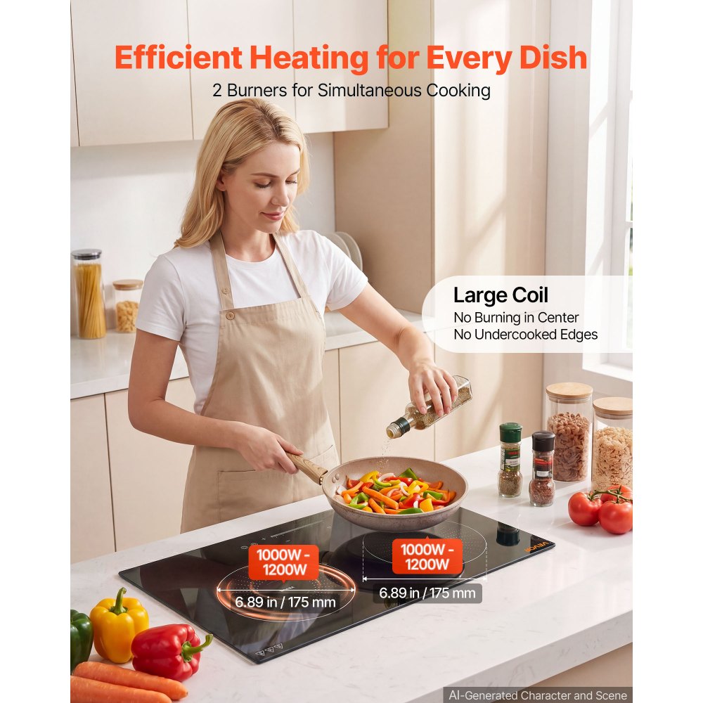 VEVOR Induction Cooktop 24inch 2 Burners Built-in Electric Stove 110V 1800W, Low-Power Continuous Heating, Induction Burner, with 9 Power Levels, LED Touch Screen, and Child Lock, for Kitchen, RV