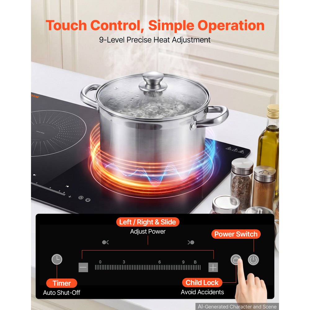 VEVOR Induction Cooktop 24inch 2 Burners Built-in Electric Stove 110V 1800W, Low-Power Continuous Heating, Induction Burner, with 9 Power Levels, LED Touch Screen, and Child Lock, for Kitchen, RV